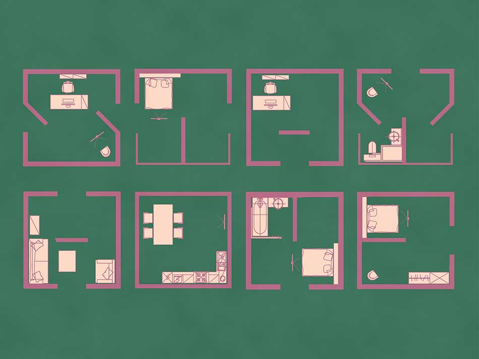 8 room layouts with green background