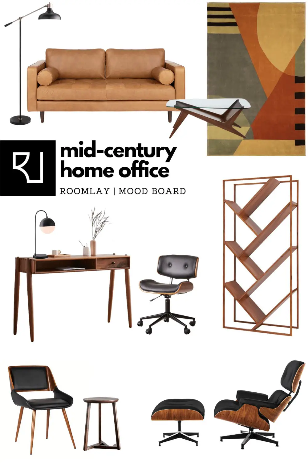 Mid-Century modern home office furniture mood board.