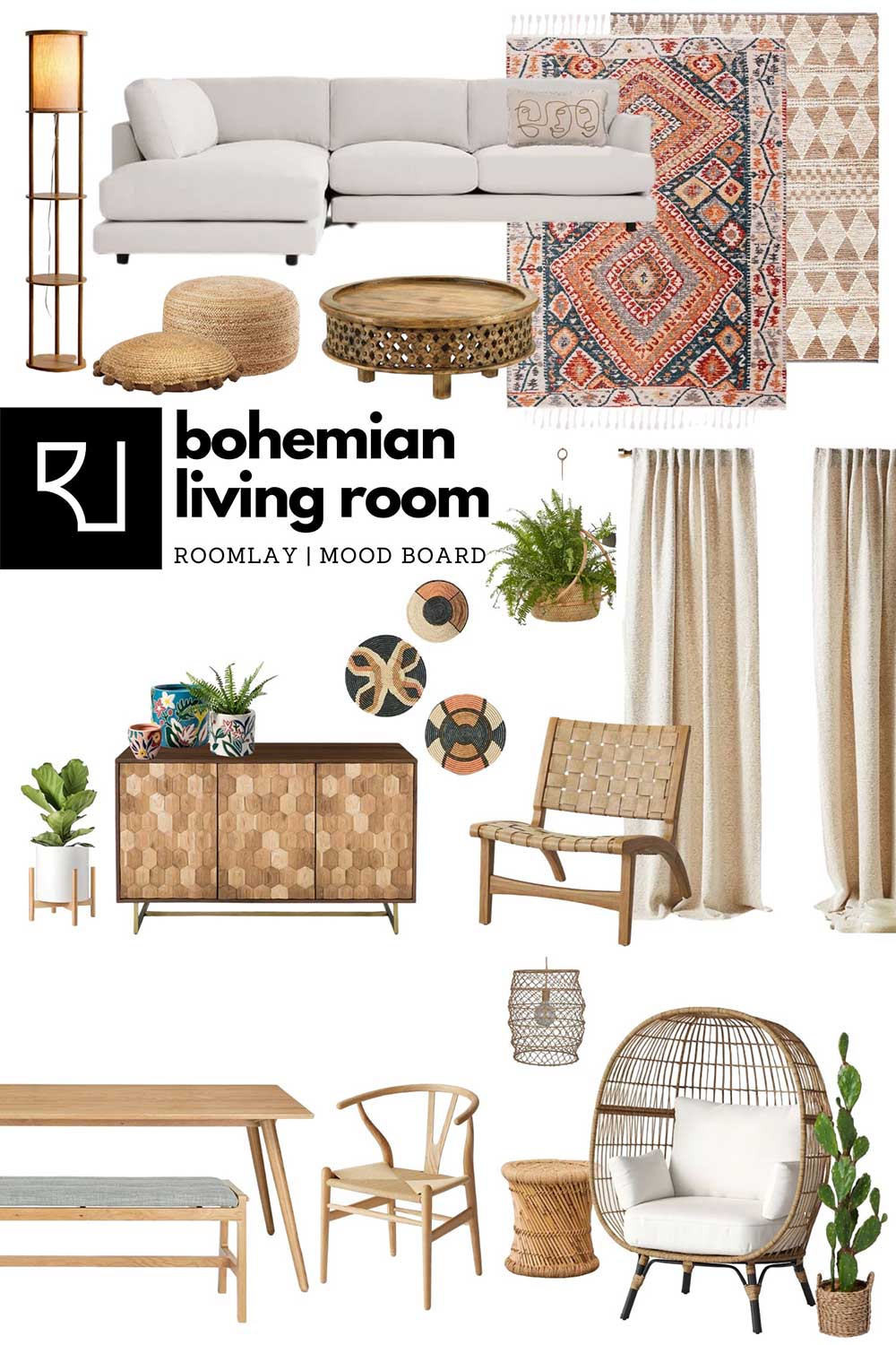 boho living room furniture concept board