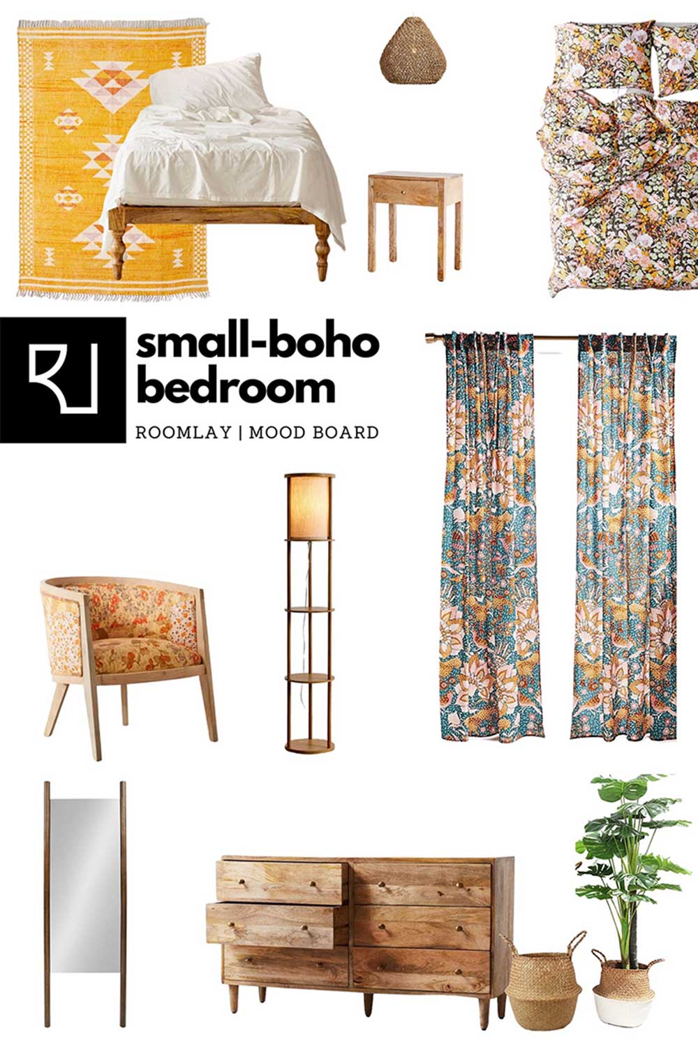 small boho bedroom furniture mood board with layout