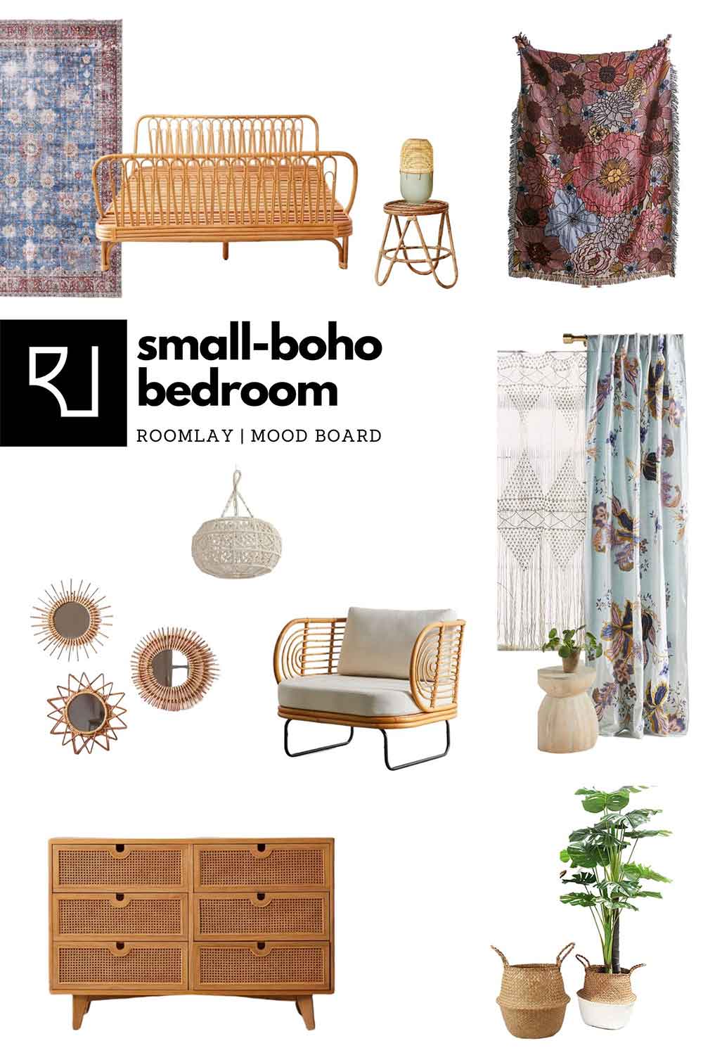 bohemian furniture mood board for small bedroom layout