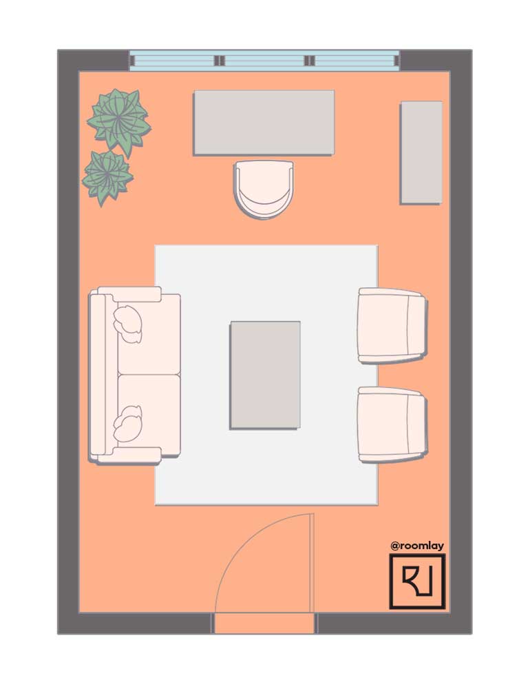 Rectangular open home office furniture layout with window
