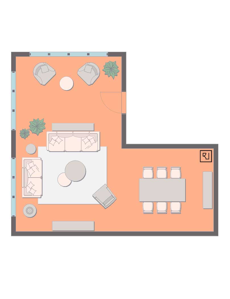 L-shaped living room dining room floor plan