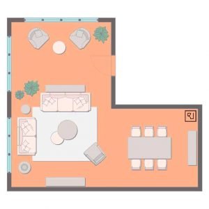 large living room plan with TV and dining table