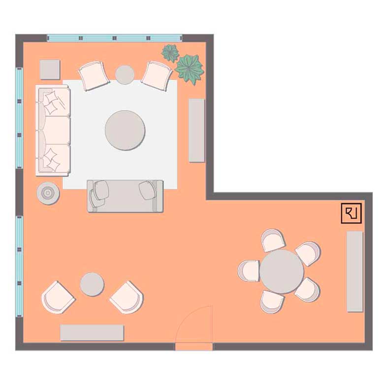 Open L-shaped living room layout