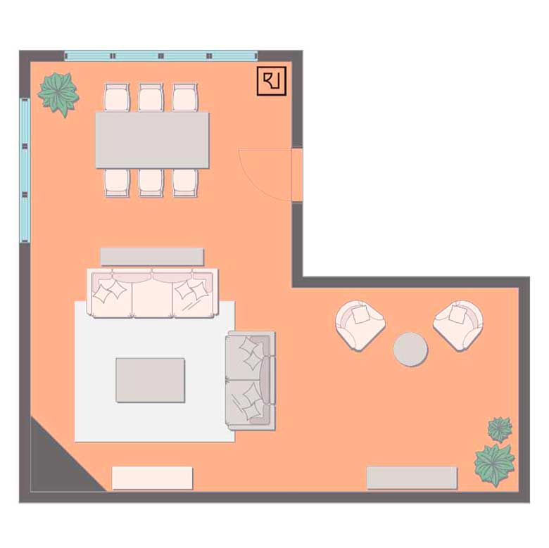 L-shaped living room floor plan with corner fireplace.