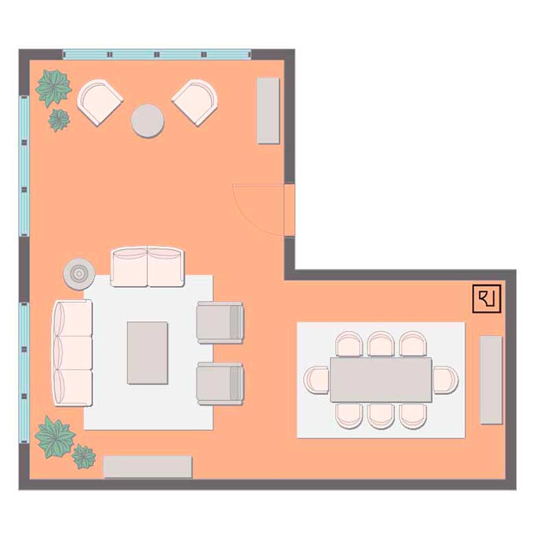 L-shaped living room floor plan with dining and seating area.