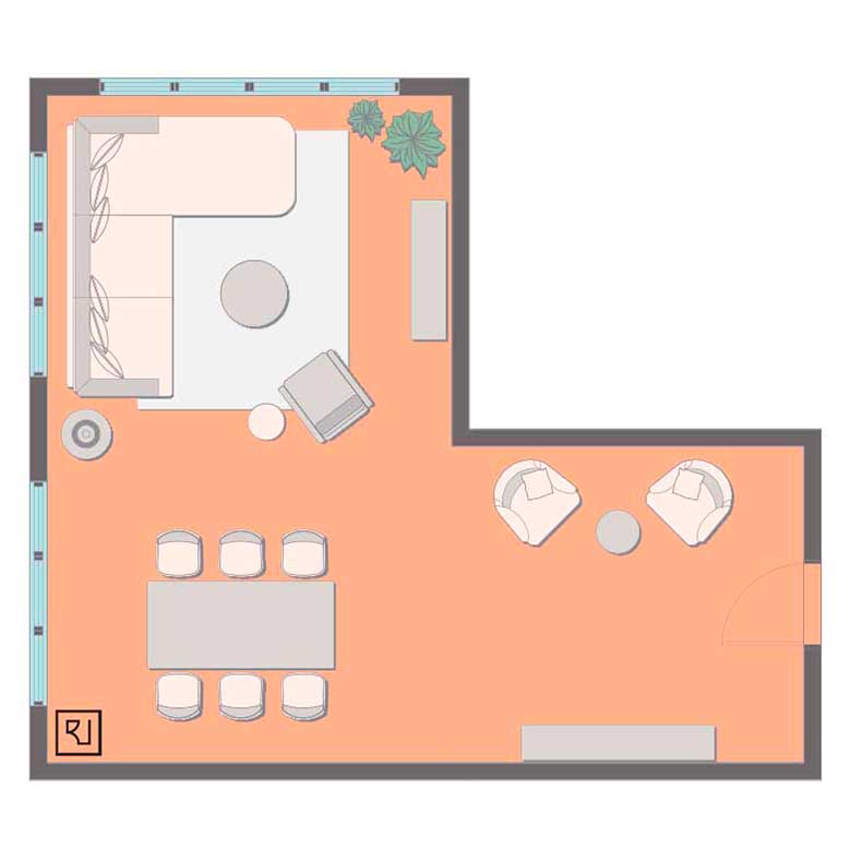 L-shaped living room layout with sectional sofa.