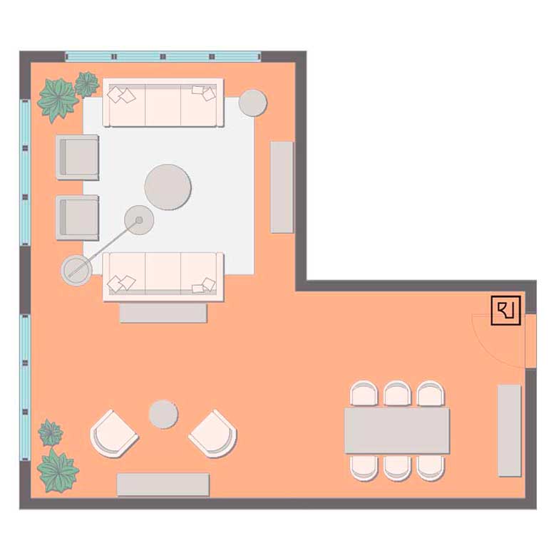 L-shaped living room layout with TV.