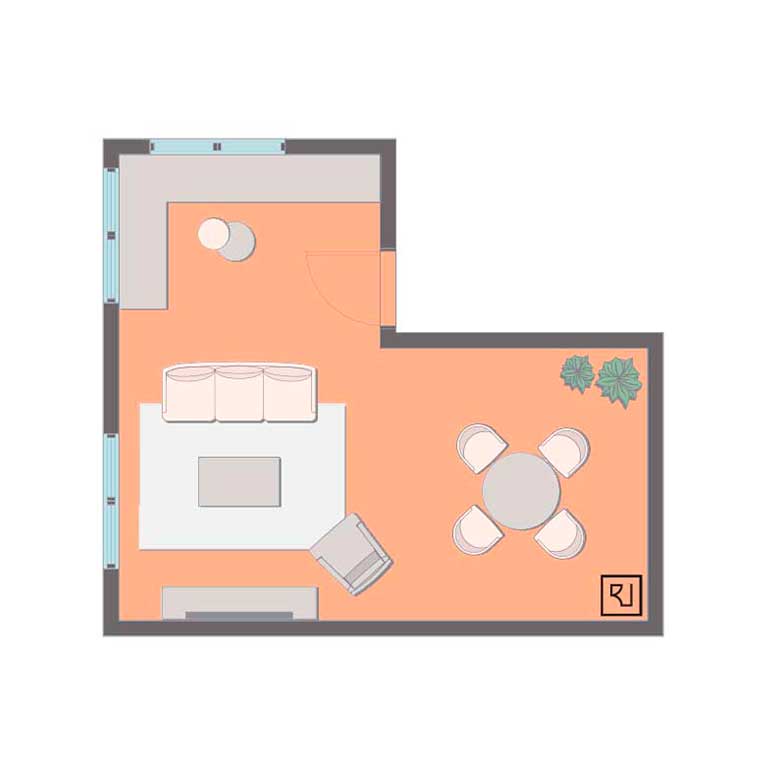 Small l-shaped living room layout with corner bench