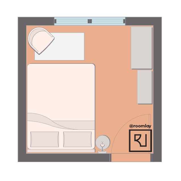 Bedroom floor plan with queen-sized bed.