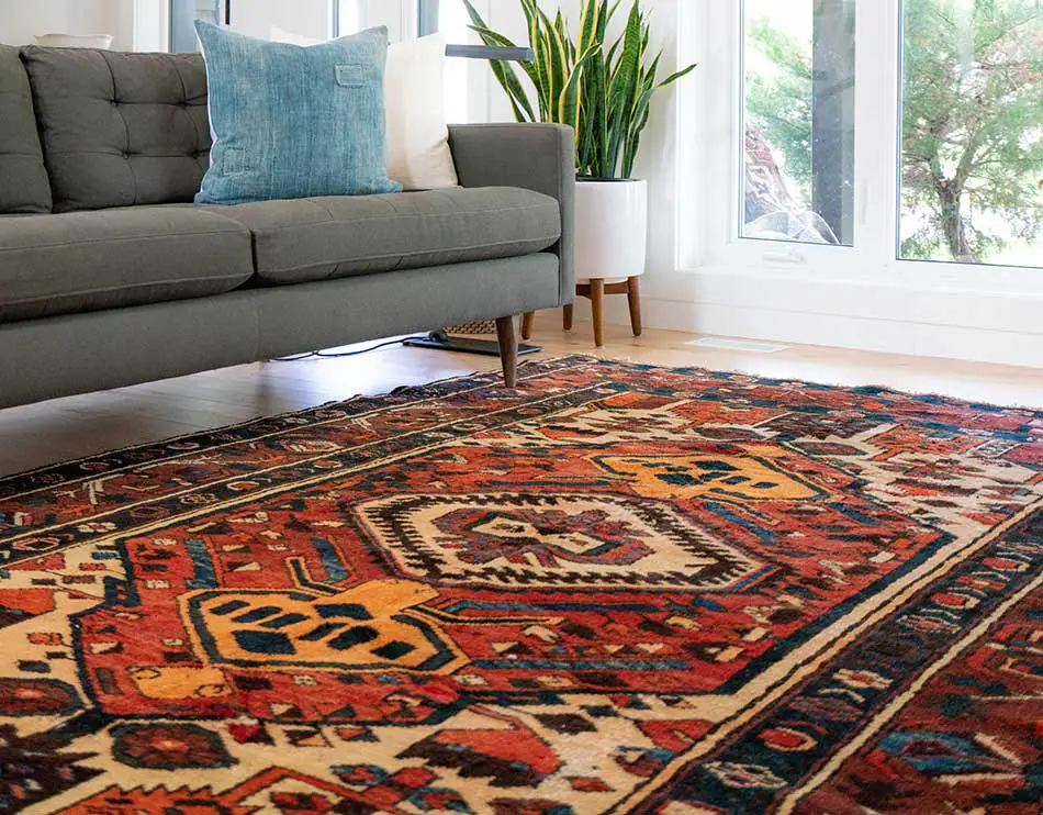 bohemian red orange color rug in living room