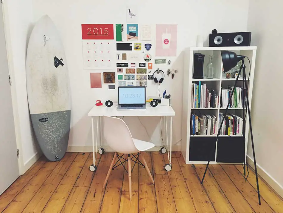 home office decor with calendar and posters.