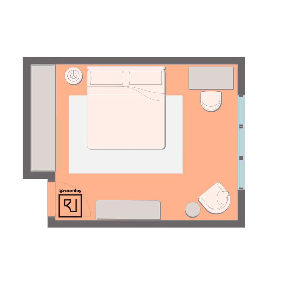 Off-centered bed placement furniture layout.