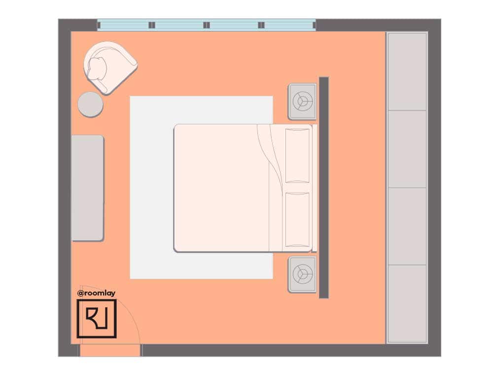 Bed as an island in the middle of the room layout.