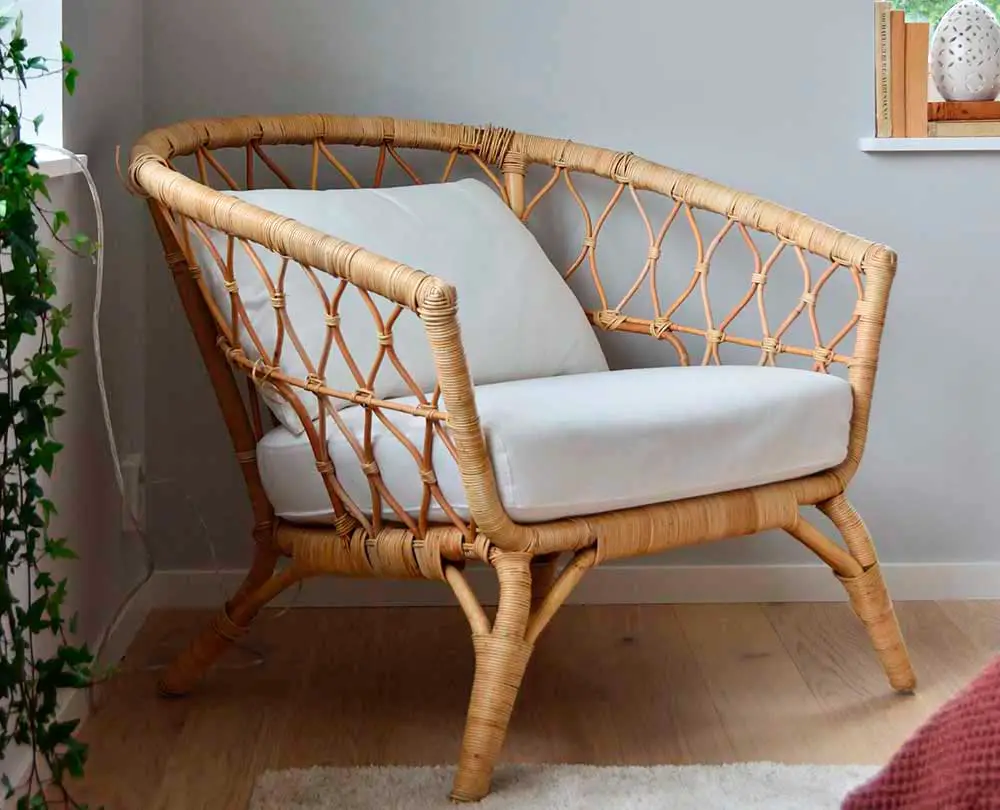 Bohemian rattan chair in the corner of the room