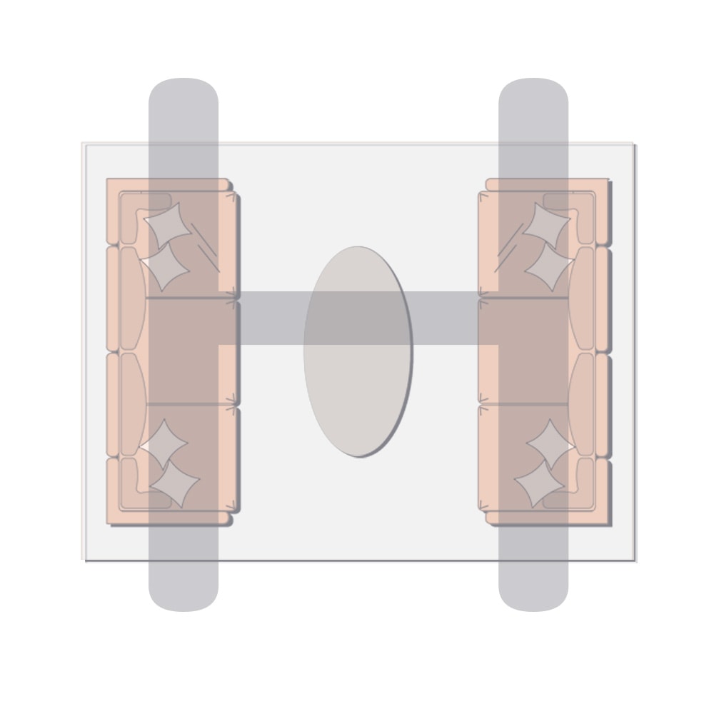 H-Shaped living room seating arrangement.