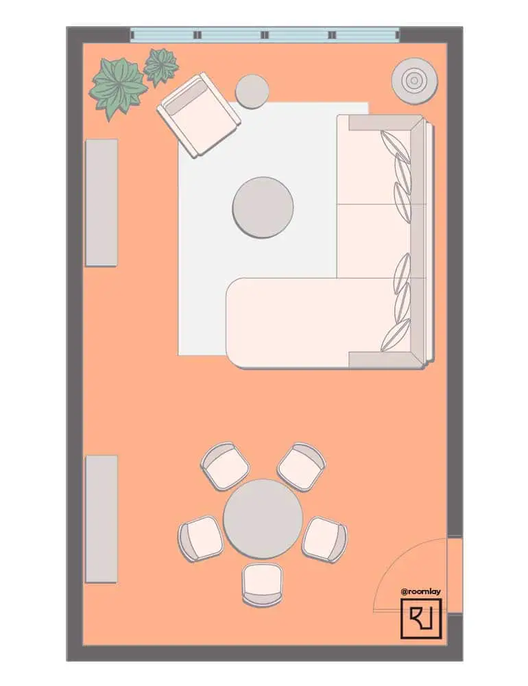 Sectional sofa arranged against the window furniture layout.