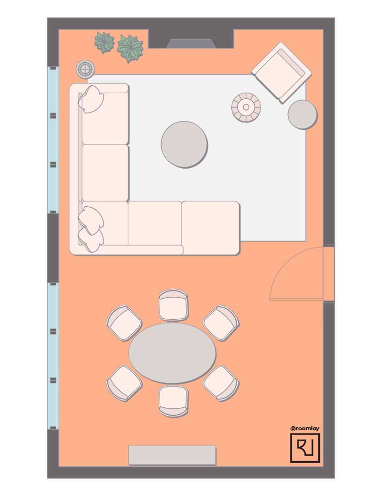 Living room floor plan with sectional as a divider.