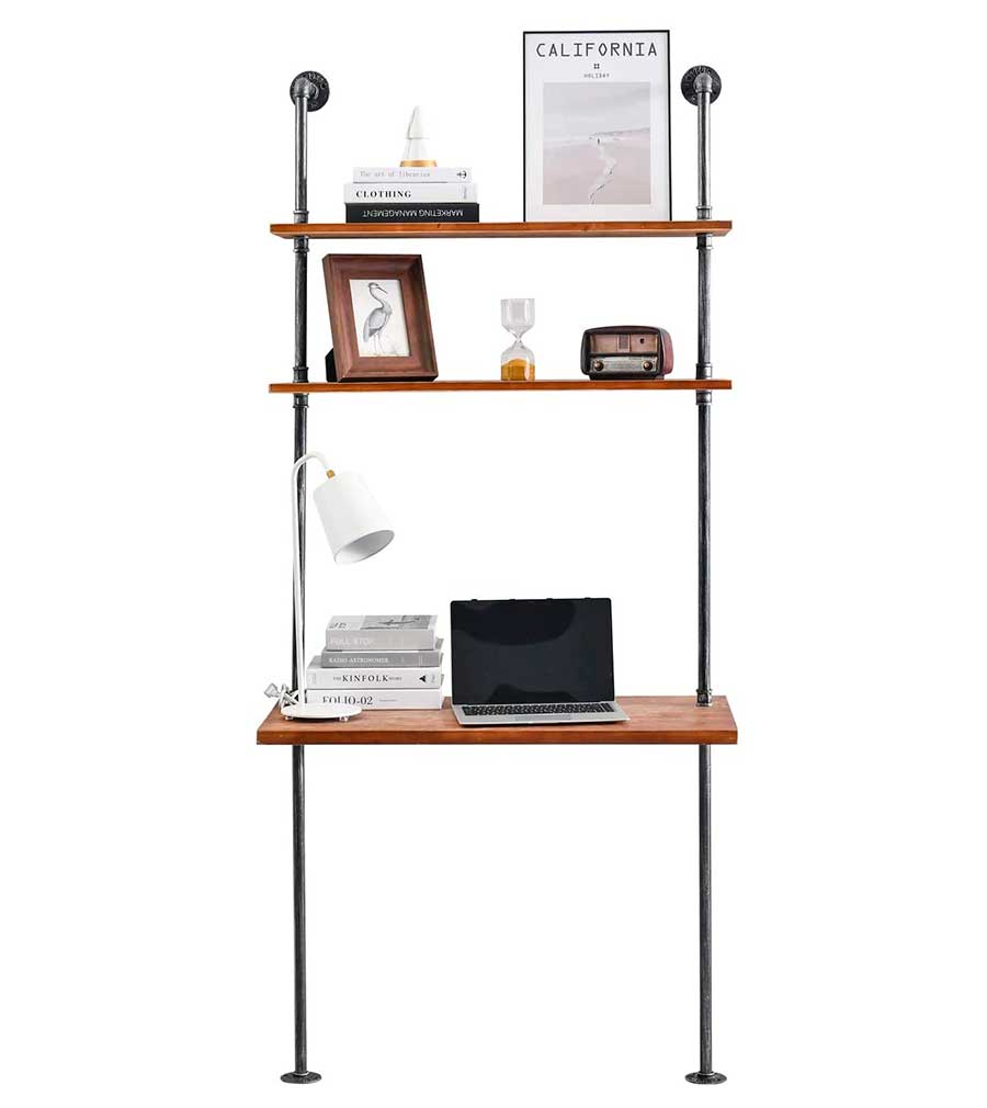 Industrial Laptop Desk with Storage Shelf, Iron Pipe Computer Table Rustic Wood Bookshelf, Wall Pipe Desk for Home Office