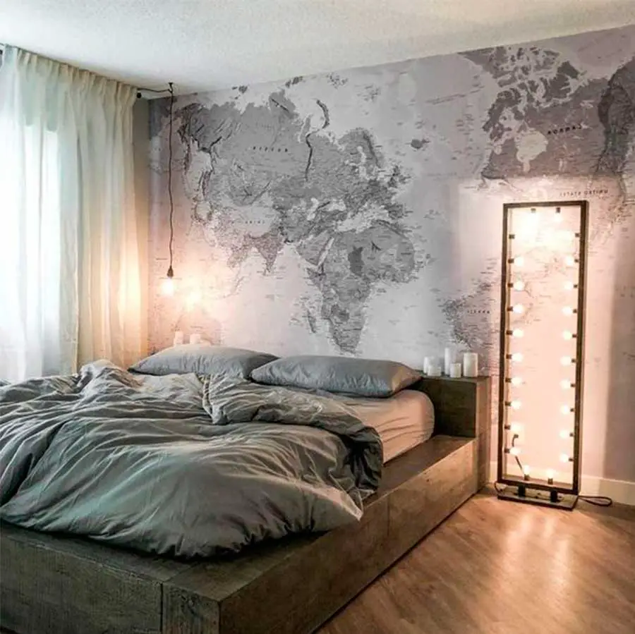 Cool teenager room with world map wallpaper