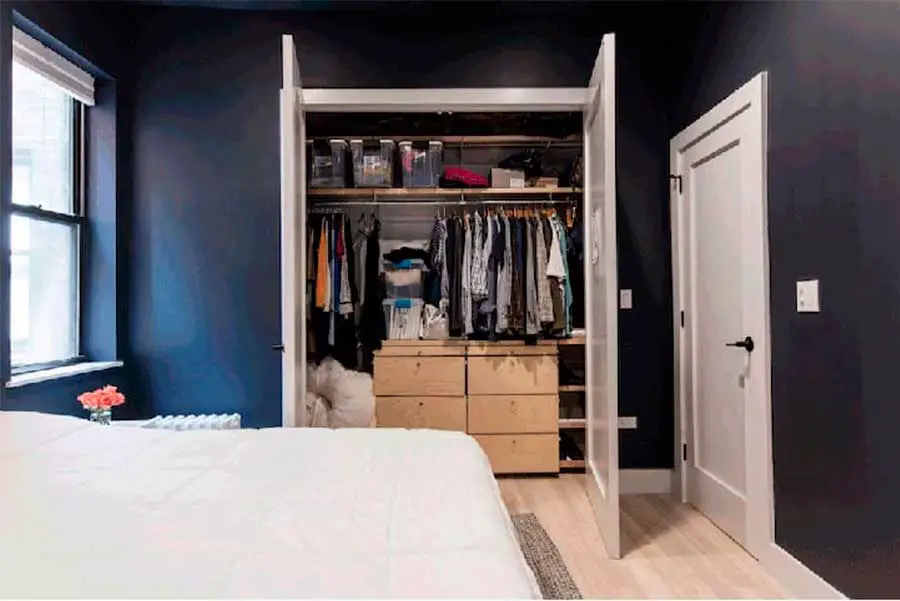 blue aesthetic master bedroom with closet
