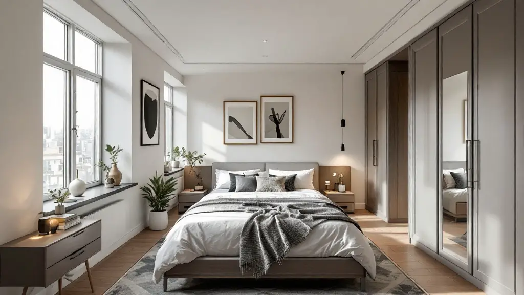 Bright bedroom with wardrobe and mirrors.