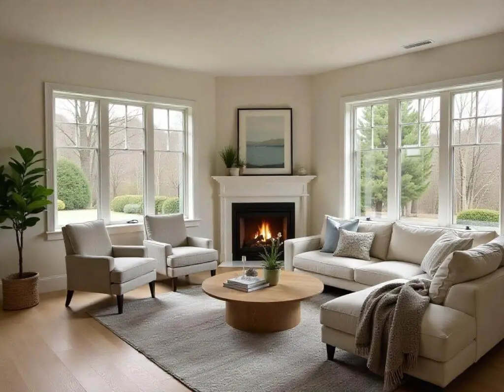 living room layout with corner sofa and corner fireplace