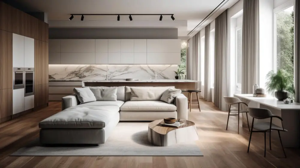 minimal living room with corner sofa