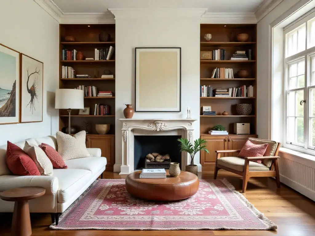 Cozy home with bookshelves and thick boho rug.