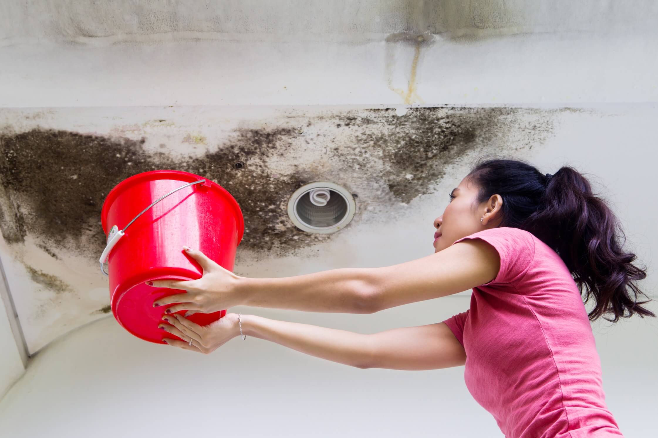 A woman holding bucket under damaged ceiling