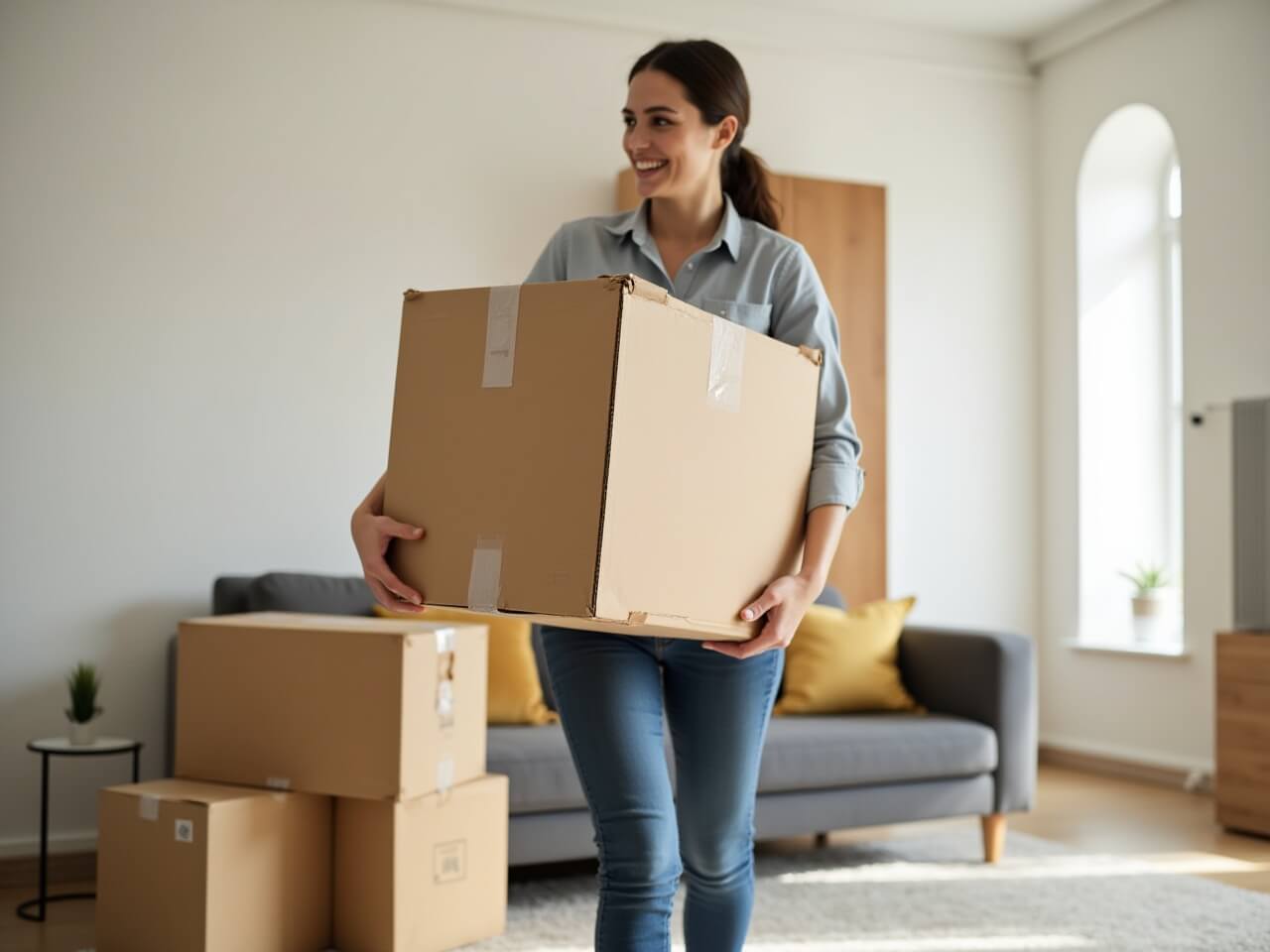 Woman carrying boxes in her new apartment