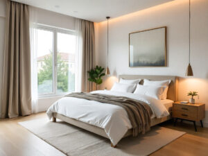 A modern, minimalist bedroom perfect for staging the bedroom, featuring a large bed with white bedding, neutral-toned throw blanket, stylish nightstands with lamps and plants, a large window with curtains, and framed artwork above the bed.
