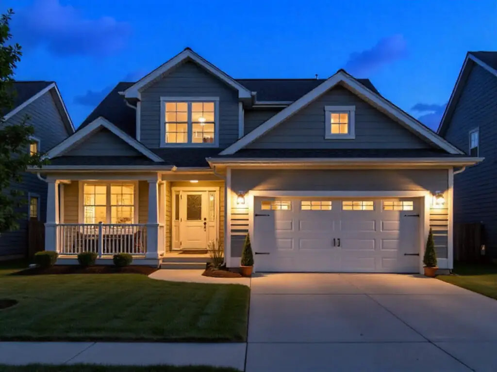 Modern house front yard with light fixtures.