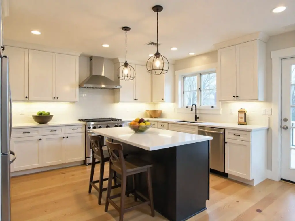 cozy kitchen pendant lights overhead dining area