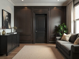 A modern living room with dark wood paneled walls, a black door, a gray sofa with beige cushions, a sideboard with decor, a plant, and a framed monochrome portrait on the wall. Natural light from a window brightens the space.