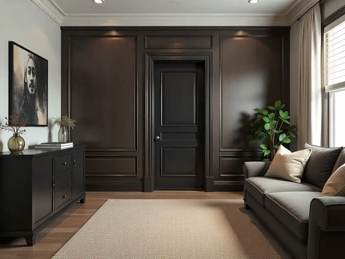 A modern living room with dark wood paneled walls, a black door, a gray sofa with beige cushions, a sideboard with decor, a plant, and a framed monochrome portrait on the wall. Natural light from a window brightens the space.