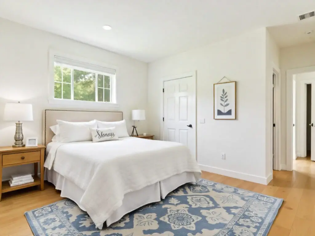 A bright, minimalist bedroom perfect for staging the bedroom, with a neatly made bed, white bedding, and a Home pillow. Two wooden nightstands with lamps flank the bed, while a blue patterned rug and framed leaf print add subtle style.