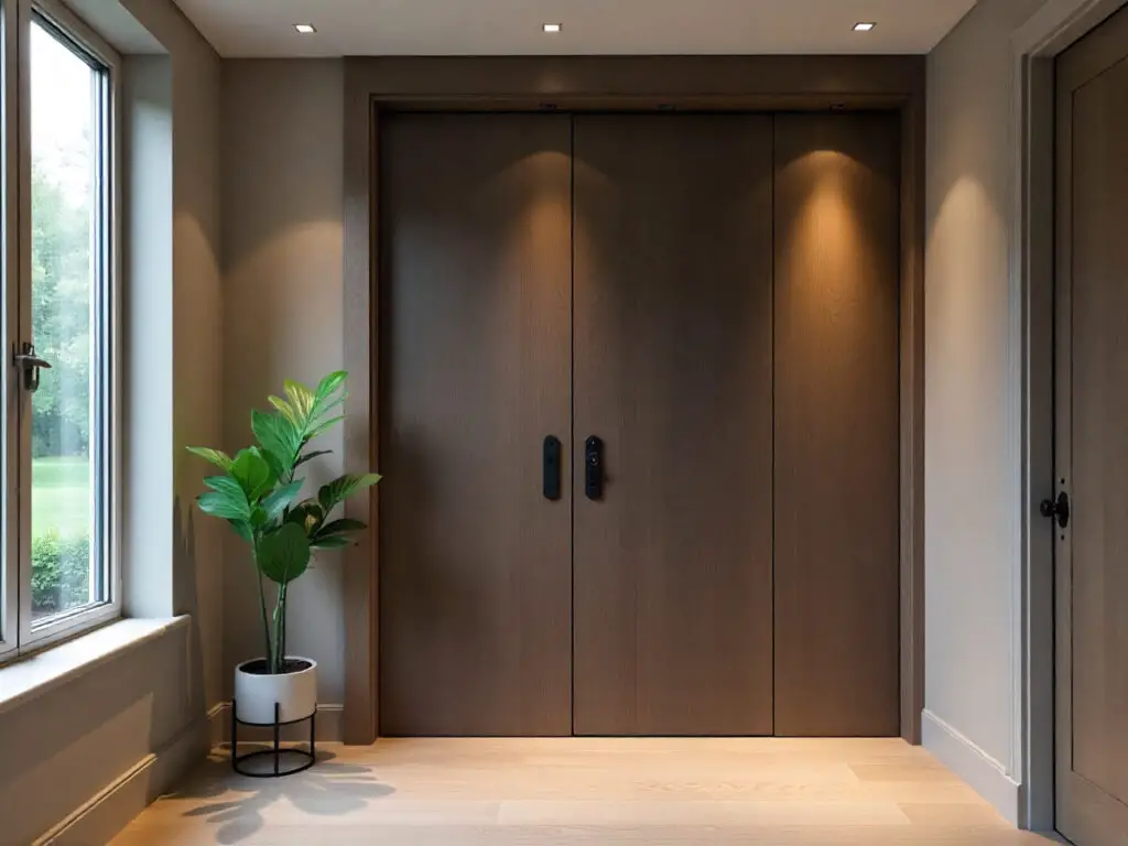 A modern interior hallway features large double wooden safe rooms doors under soft recessed lighting, a potted green plant by a window on the left, and light wood flooring.