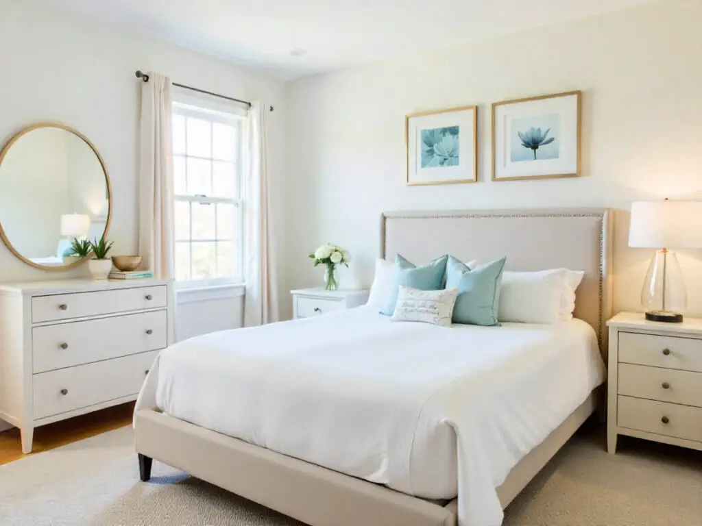 Staging the bedroom beautifully, this bright space features a beige upholstered bed, white bedding, blue accent pillows, two white nightstands with lamps, a round mirror, window curtains, and floral artwork above the bed.