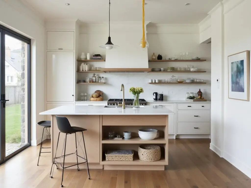 Modern kitchen with white cabinets, open wooden shelves for smart kitchen storage, a marble backsplash, and a large island with stools. A vase of yellow flowers sits on the island. Large glass doors open to a grassy yard.
