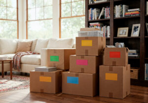Stacked cardboard boxes with colorful labels sit on a wooden floor in a bright living room, ready for packing for a big move. The space features a white sofa, large windows with natural light, a rug, and a bookshelf filled with books and framed photos.
