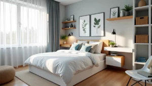 A bright, modern small bedroom with a large window, white bed with blue and white pillows, wooden shelves with plants, framed botanical art on the wall, a desk with a lamp, and light wood flooring.