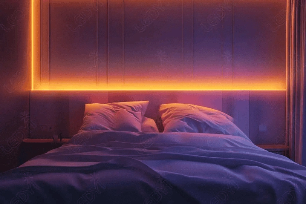 A cozy bed with rumpled pillows and blankets sits against a wall illuminated by warm orange LED strip lighting, creating a soft and inviting atmosphere in the dimly lit room.