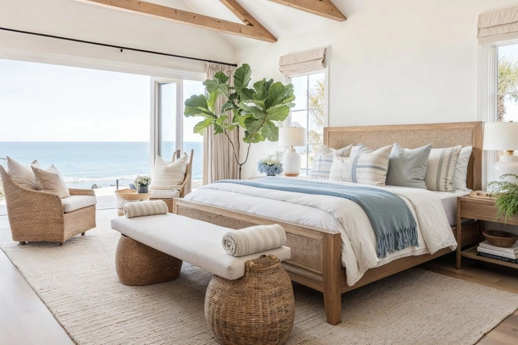 Bright, coastal small modern bedroom with a large bed dressed in white and blue linens, wicker furniture, a potted plant, bench with rolled towels, and large windows offering an ocean view.