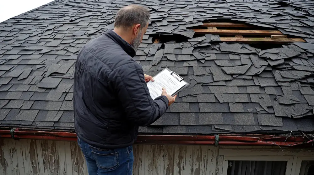 A man wearing a dark jacket examines a clipboard while inspecting a house roof with significant shingle damage and a large hole, possibly assessing the hidden costs of roof repair.