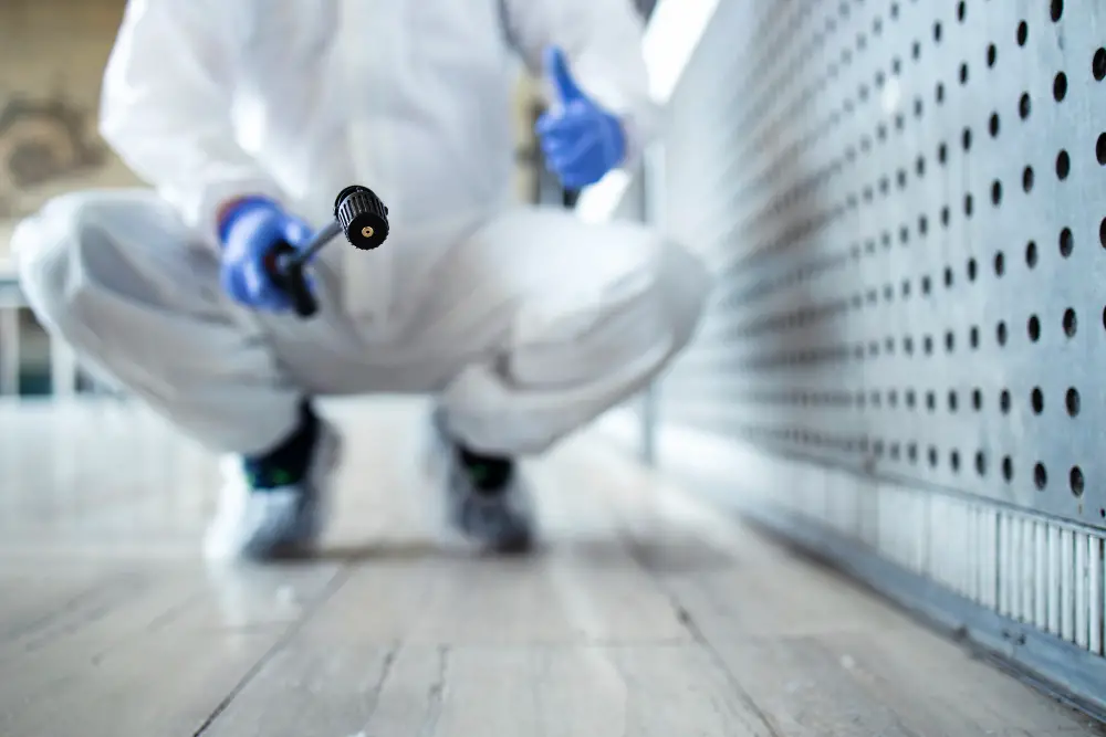 A person wearing a white protective suit and blue gloves squats near a wall, holding a spray nozzle pointed toward the floor, likely performing pest control or sanitation work indoors—perhaps ready to answer 10 questions about their safety process.