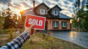 A person holds a red SOLD sign in front of a two-story brick house with a garden at sunset.