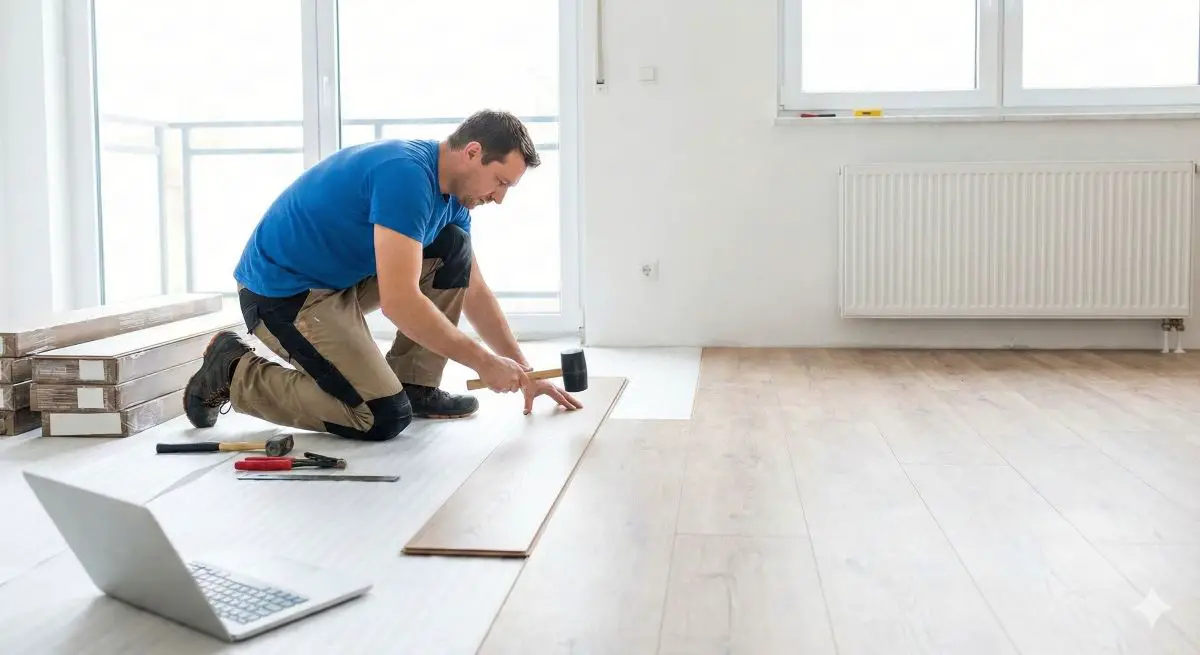 A man kneels on the floor installing new flooring in a bright room. He uses a mallet, with tools spread nearby and a laptop open on the floor next to him.