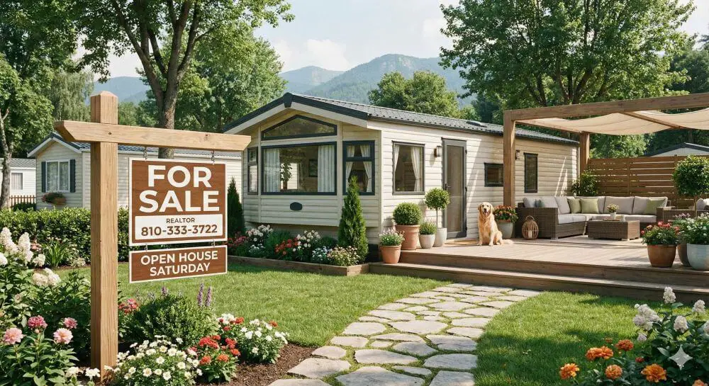 A modern mobile home with a garden, a “For Sale” sign, and a stone path leading to a deck with patio furniture. Trees and mountains are visible in the background, while a dog relaxes on the deck.